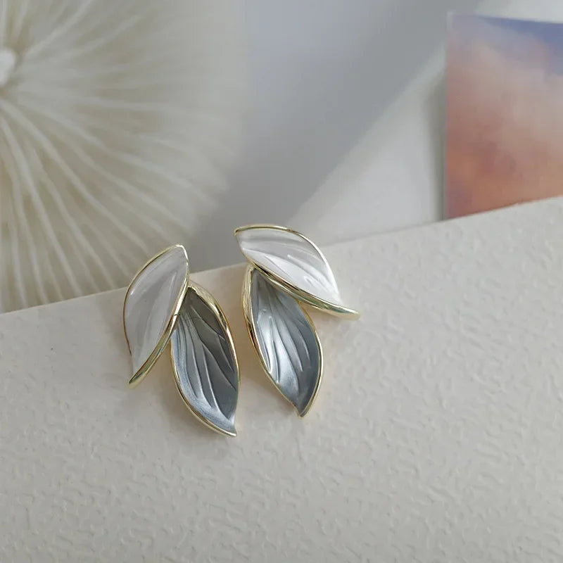 Korean Metal Trendy Grey Leaf Stud Earrings - Cool Creations