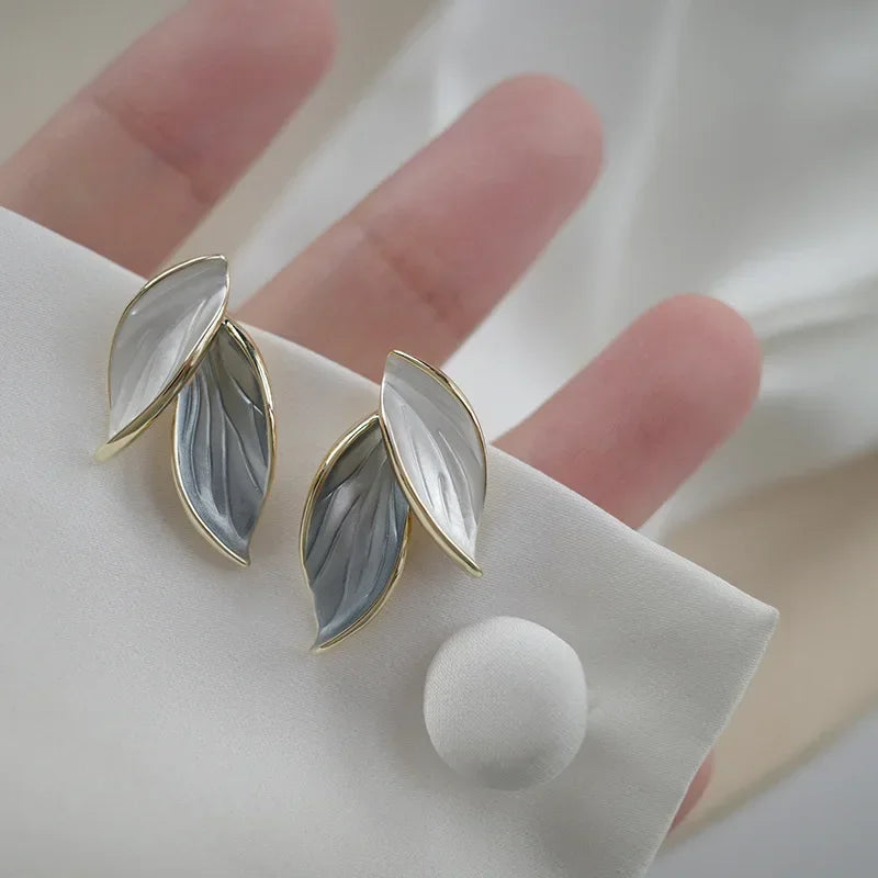 Korean Metal Trendy Grey Leaf Stud Earrings - Cool Creations