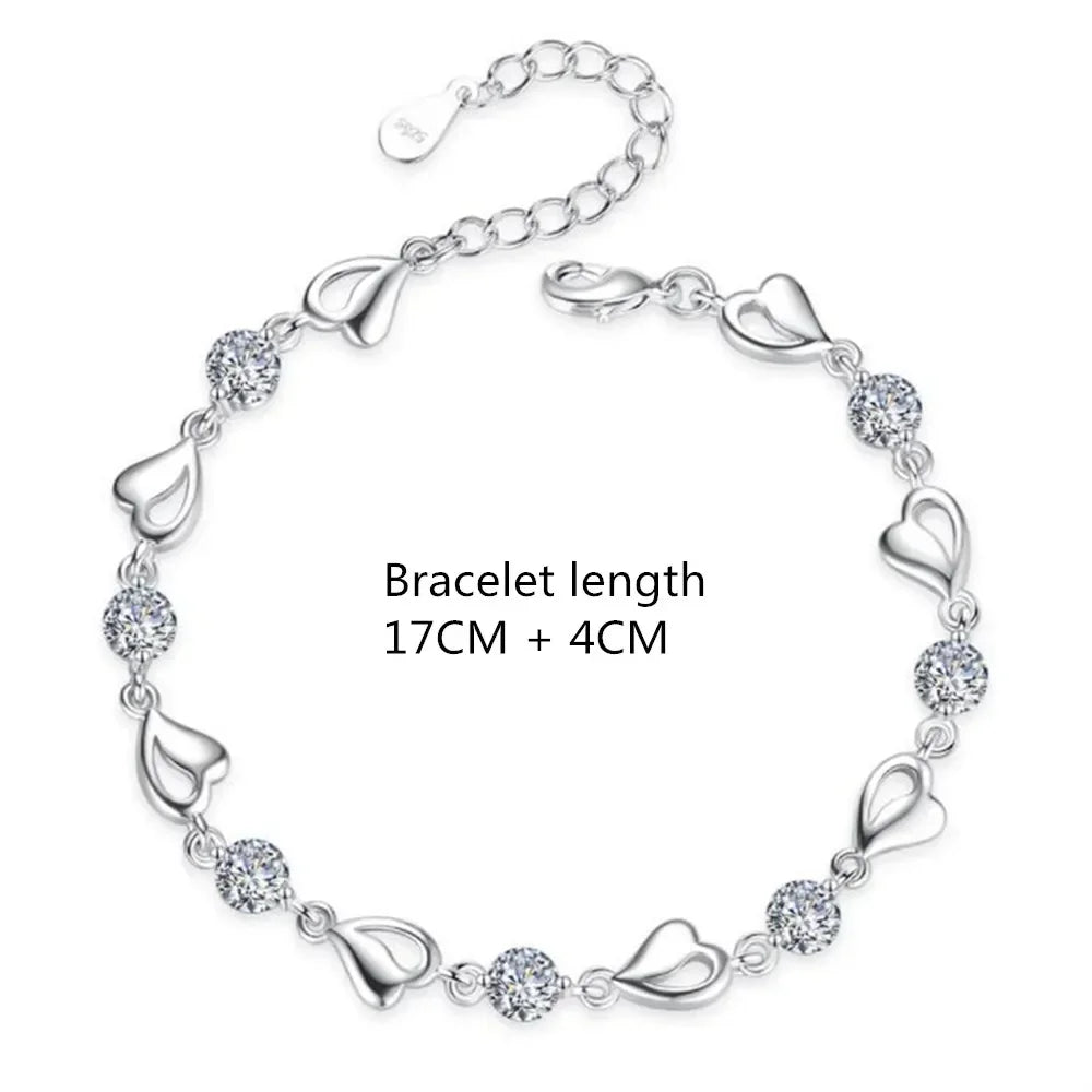 Sterling Silver Heart Shaped Necklace and Bracelet Set for Women